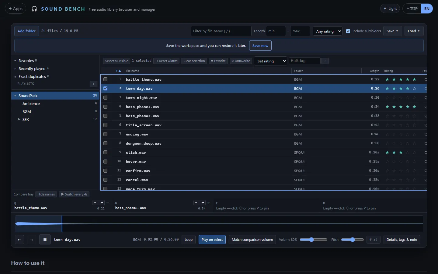 Sound Bench with a folder of game audio loaded: the folder tree on the left, the file list with lengths and star ratings in the middle, two tracks pinned into the comparison tray and one playing on the waveform below