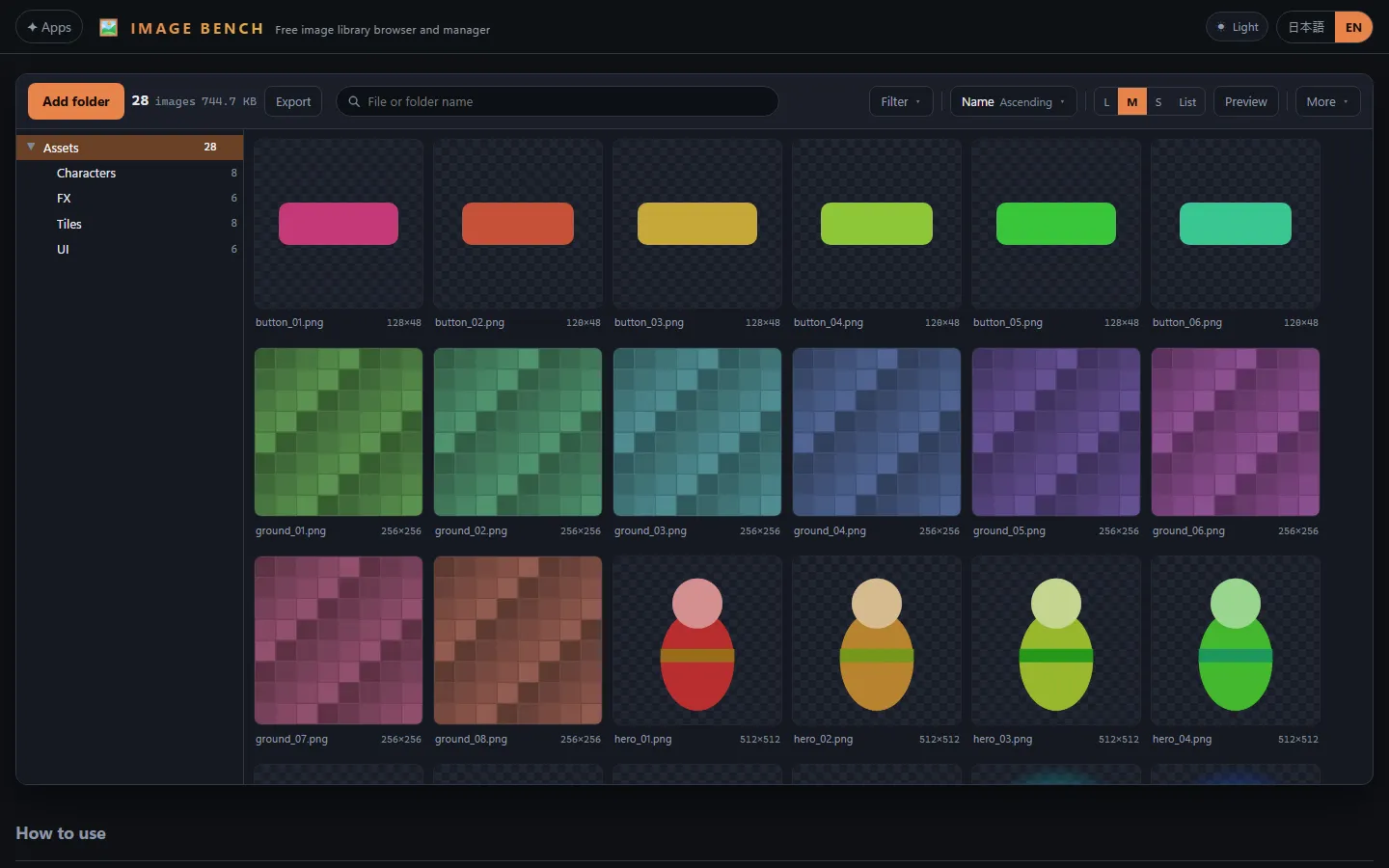 Image Bench with a folder of game art loaded: the folder tree on the left and a grid of characters, tiles and UI parts on a checkerboard background, each with its file name and pixel dimensions