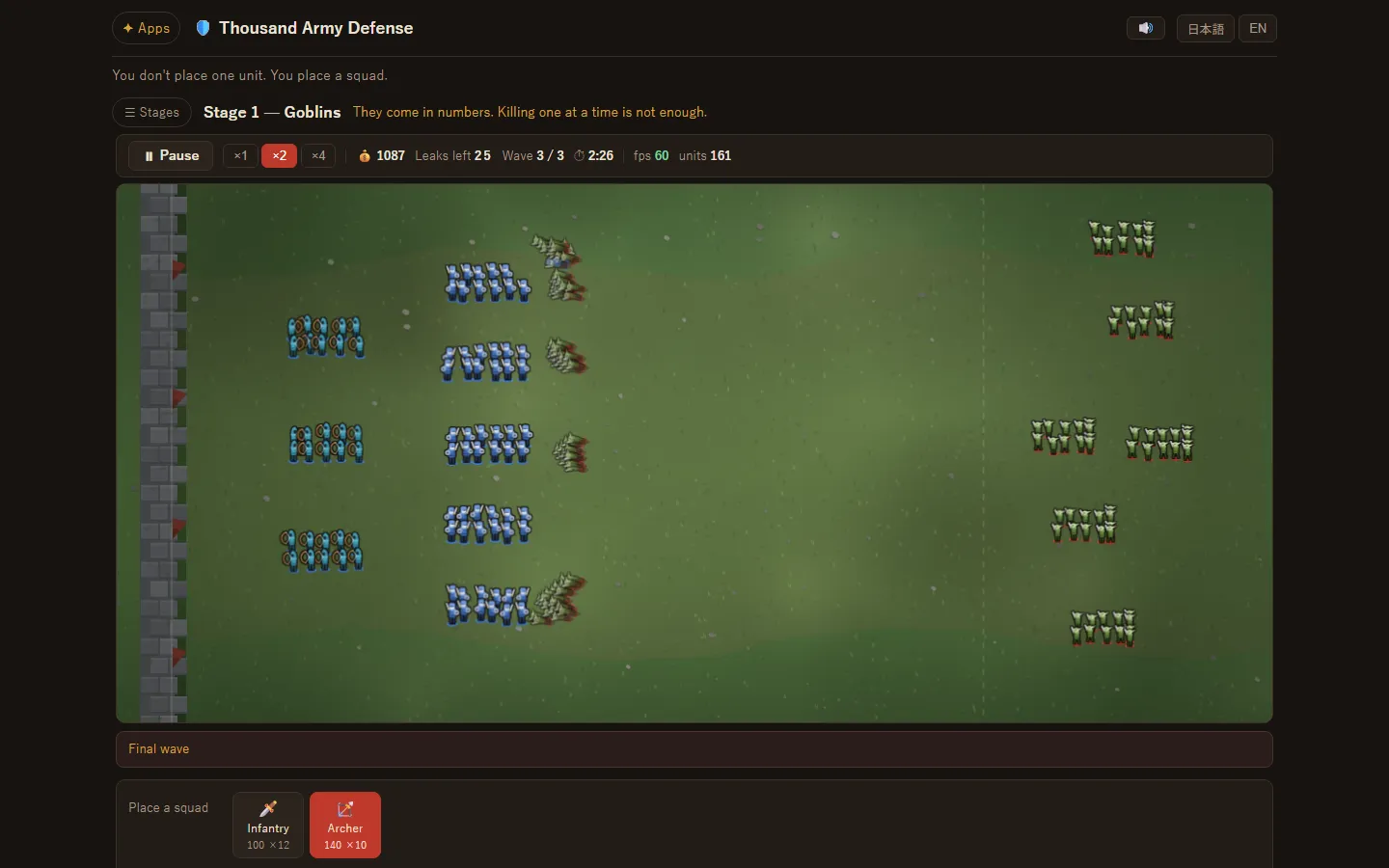 Thousand Army Defense mid-battle: blue squads of infantry and archers holding a line on the left while green goblin squads advance from the right, with 161 units on the field at once