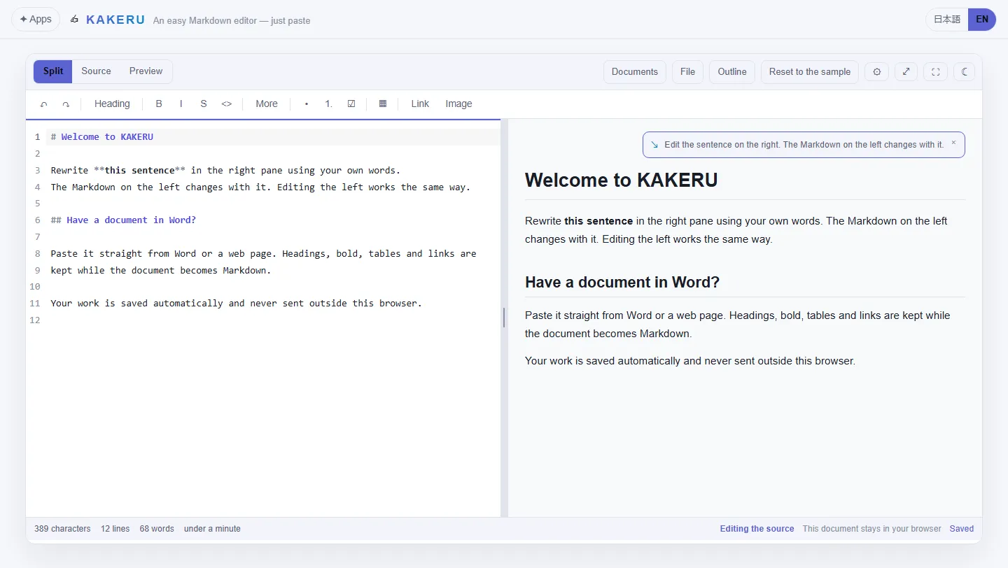 KAKERU with the Markdown source on the left and the rendered document on the right, both editable, and a note pointing out that editing the right-hand pane changes the Markdown on the left